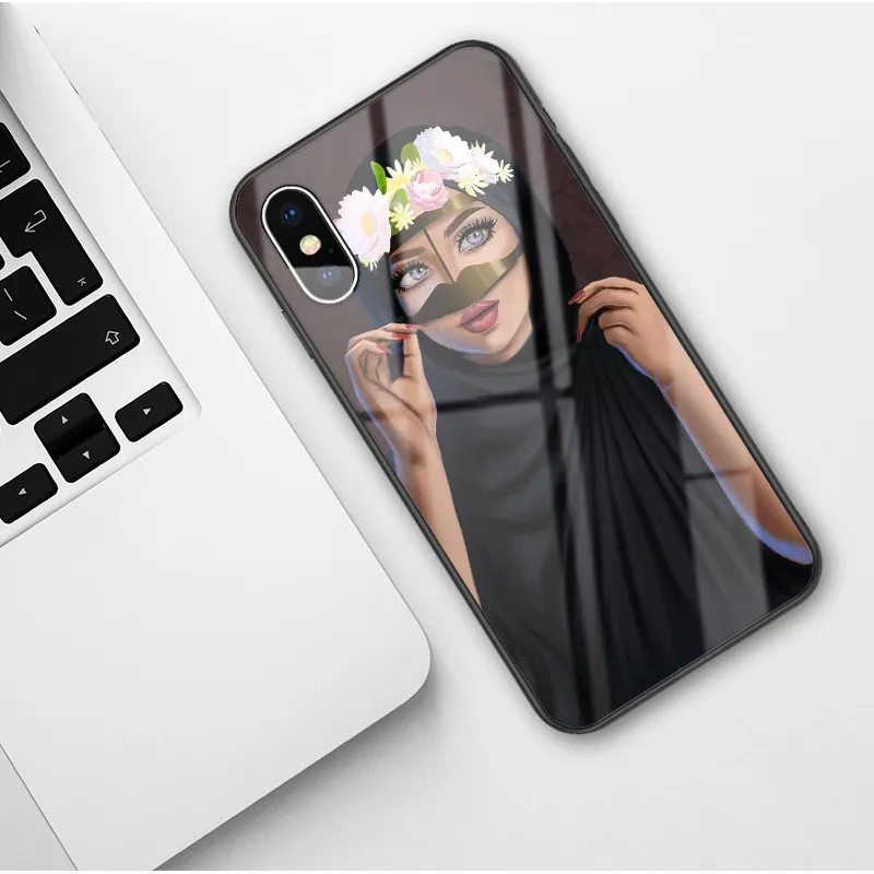 Glass shell Роскошный женский стеклянный чехол для телефона для iPhone X 6 6S 7 8 Plus XR XS MAX Модный мусульманский черный чехол для iPhone 11 Pro Max - Цвет: Glass shell