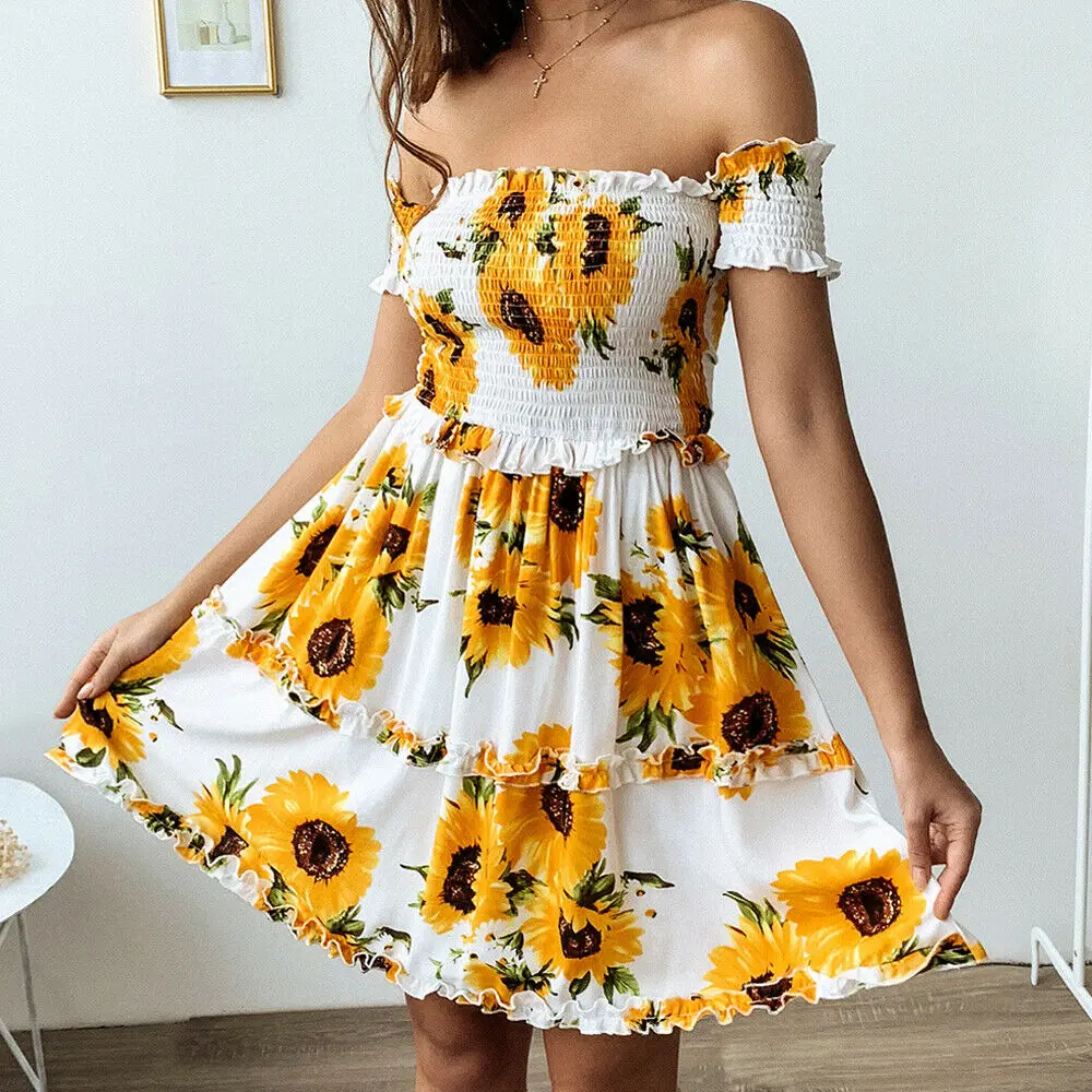 Летнее женское мини платье с принтом подсолнухов шифоновое оборками и коротким