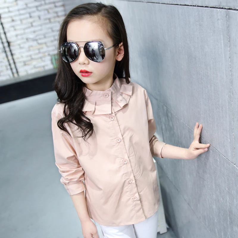 

White Full Sleeve Baby Girls Shirts for School 2019 New O-neck Girl Blouses Solid Tops Teenager Kids Children Clothing Clothes