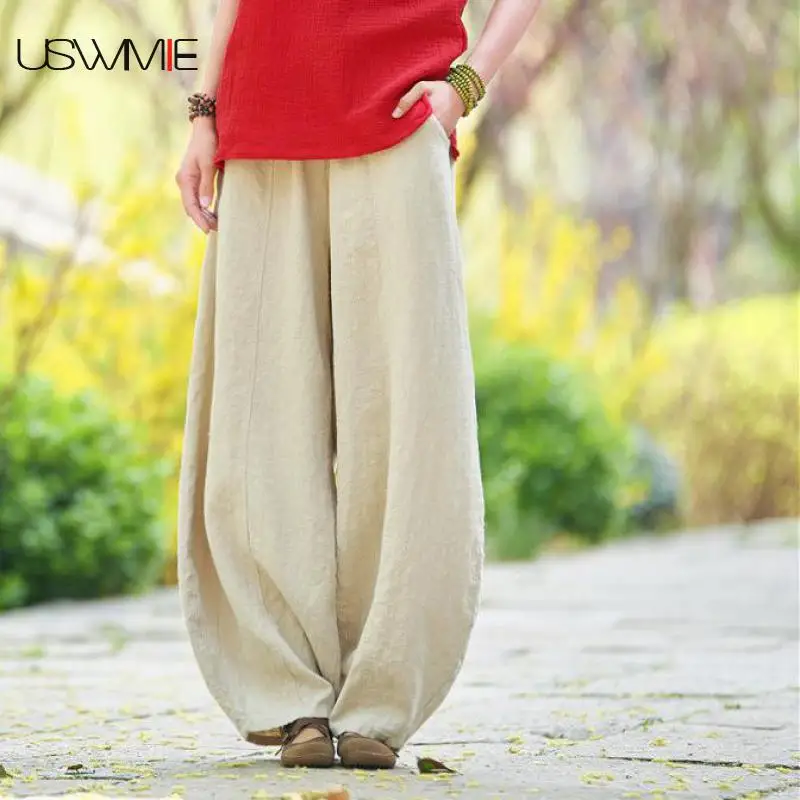 

Women Linen Wide Leg Pants Casual Wild Autumn And Winter 2020 Loose New Solid Color Pockets Elastic Waist Harem Pants