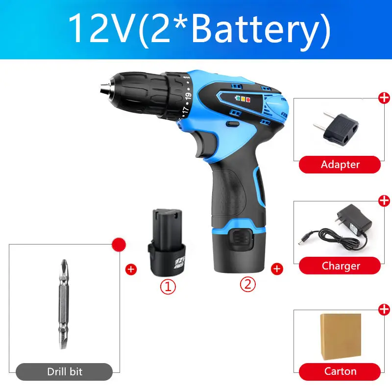 12V 2 Battery 16,8 в электрическая дрель с литиевой батареей, крутящий момент, Аккумуляторная дрель, многофункциональная, 25 в, Электрическая отвертка, сверлильный инструмент для сверления стены - Цвет: 12V 2 Battery