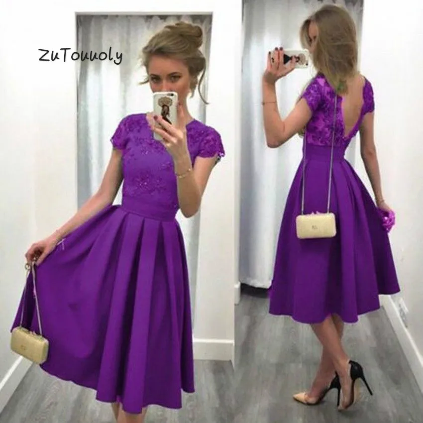 

Modest Purple Short Prom Dresses Sexy Backless Boho Evening Dress Tea Length Short Sleeve Women Party Dresses 2018 Outfits Prom