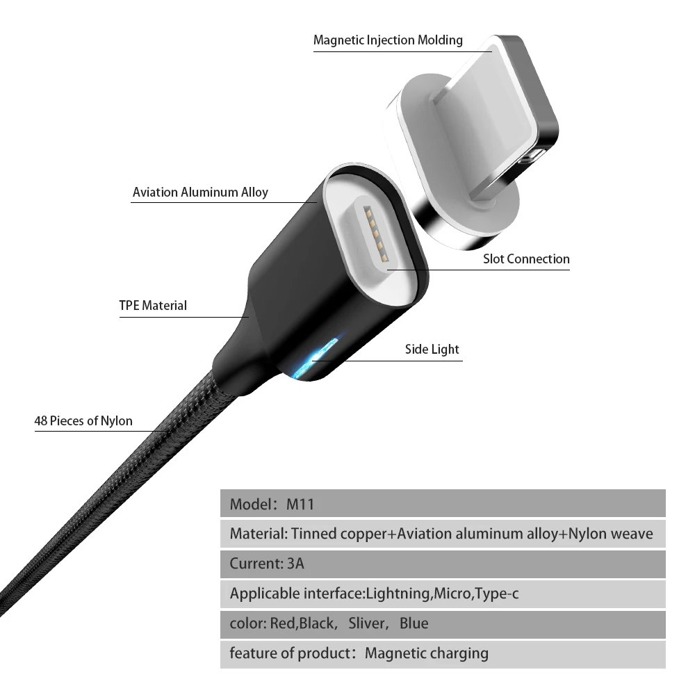 Магнитный usb-кабель 3A type C для быстрой зарядки, кабель Micro USB, магнитное зарядное устройство, usb-кабель iOS для samsung iPhone, Xiaomi, huawei, зарядка