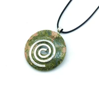 natural stone round donut 40 mm with spiral wire holder necklace pendant with cord
