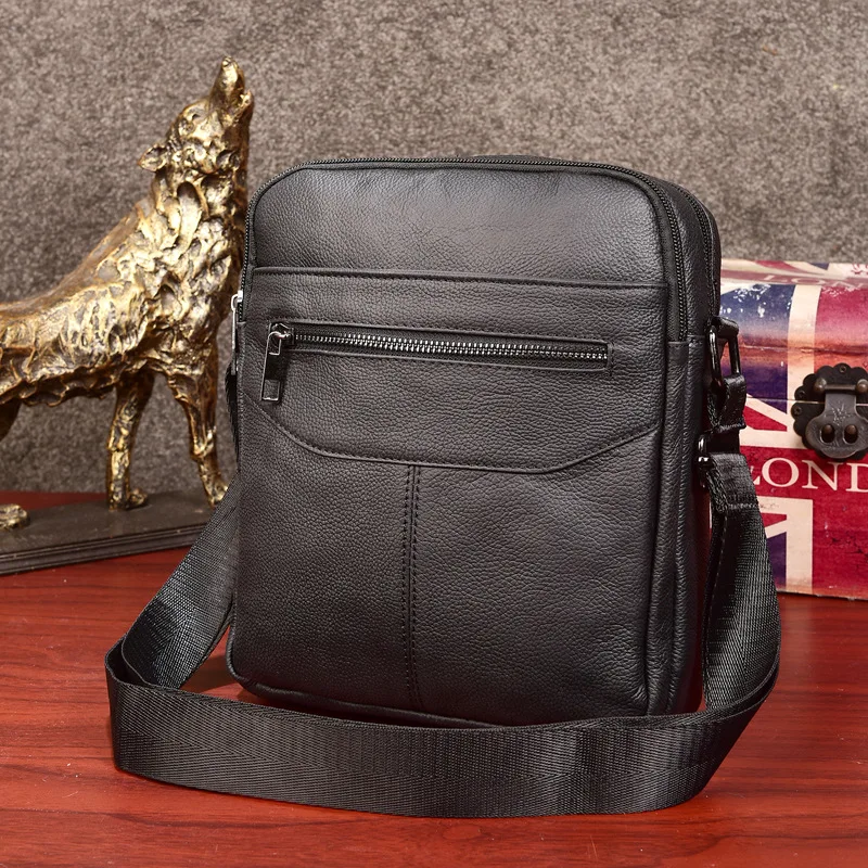 

Brand Genuine Leather Casual&Business Bag Men's Messenger Bags Crossbody Shoulder Bags Travel Zipper Mobile Phone Pack Black