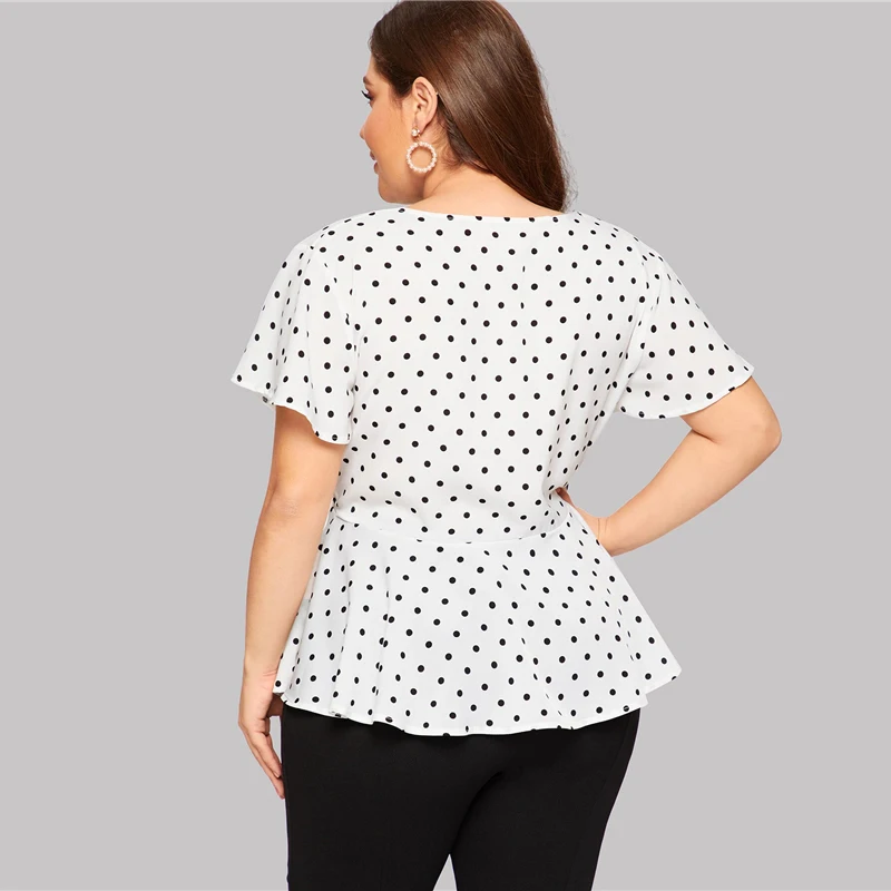 Dotfashion/женская блузка в горошек с узлом спереди; сезон лето ; Boho; глубокий v-образный вырез; одежда с короткими рукавами; женские модные топы
