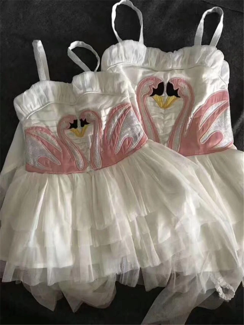 Christmas Girls Swan Flamingo Wings Dress Children White Princess Dress for Wedding Kids Embroidered Tulle Ballet Tutu Dress