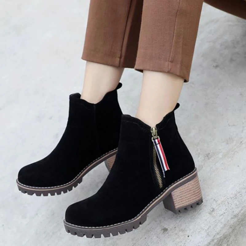 SJJH Женские ботинки Мартин с круглый носок коренастый Zip Faux Suede зима Короткие