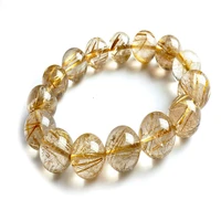 15mm genuine natural brazil yellow hair titanium rutilated quartz crystal round beads bracelet for women stretch charm bracelet