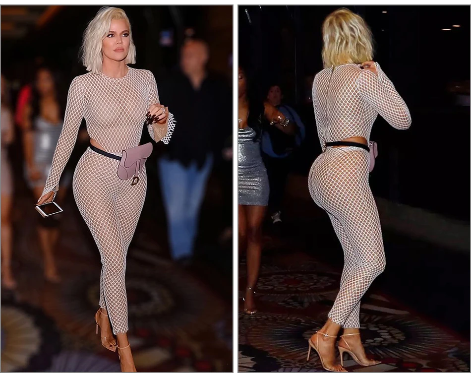 New Women's Shiny Perspective Bodysuit Khloe Kardashian Inspiration Transparent Waist Hollow Hole Tight Mesh Full Mesh Socks