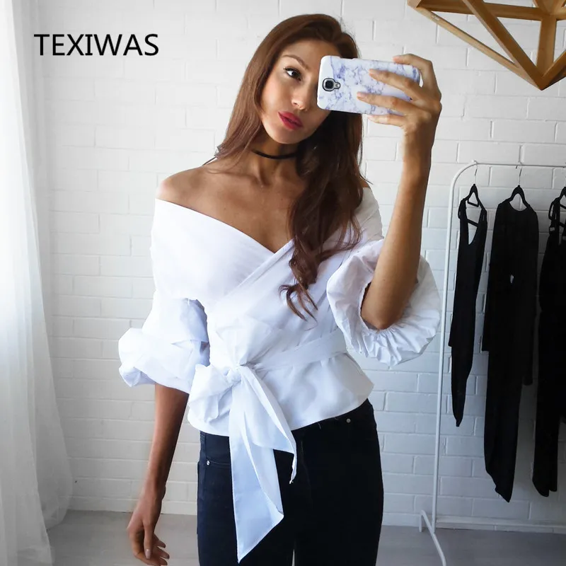 Женская блузка с рукавами пузырьками TEXIWAS Сексуальная рубашка v образным вырезом