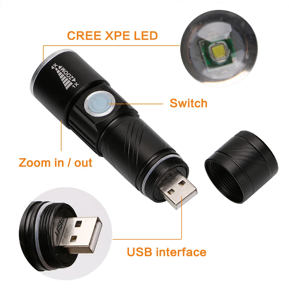 3 режима тактический фонарик мини перезаряжаемый зум Мощный USB светодиодный фонарик AC Lanterna для наружного дорожный светильник