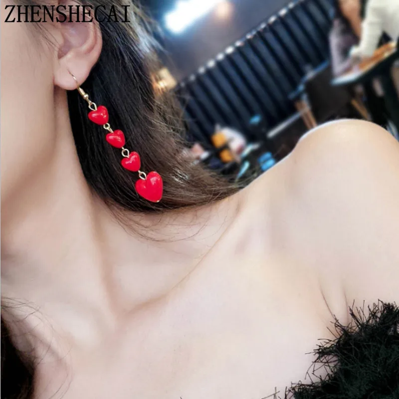 Женские серьги капельки с красным сердечком женские длинные Bijoux e0433|fashion long