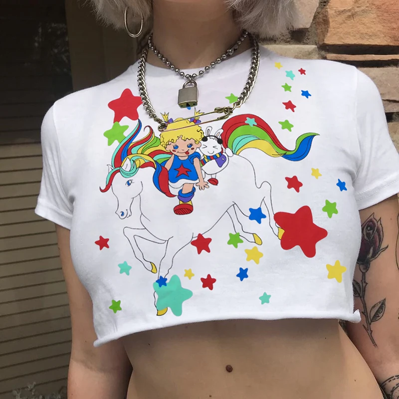 Harajuku Kawaii Белая футболка с принтом женские хлопковые свободные Забавные топы