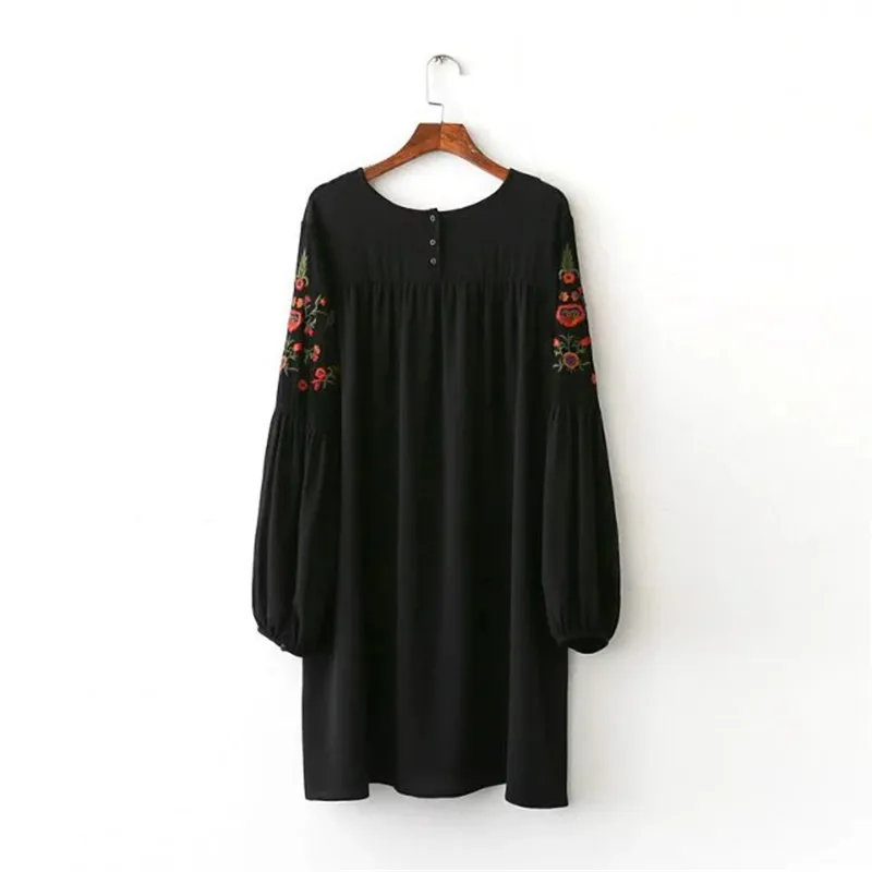 Новые Моды для Женщин Урожай Цветочные Вышивка Свободные Плиссе Dress Plack Фонарь