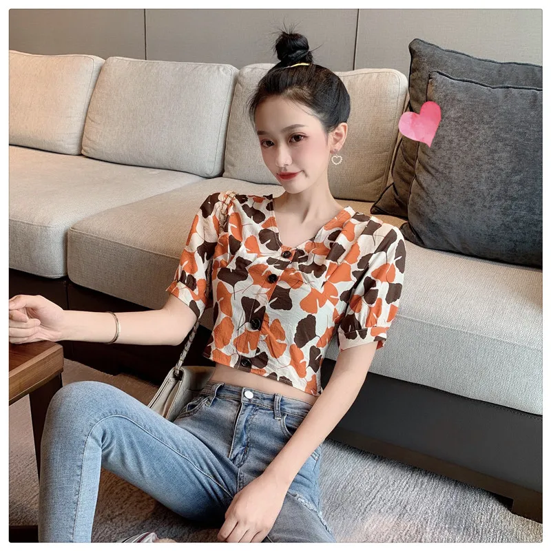 Korean style sweet crop tops v-neck print short sleeve Women's Clothing Blouses Shirts fashion brand high quality aesthetic hot | Женская