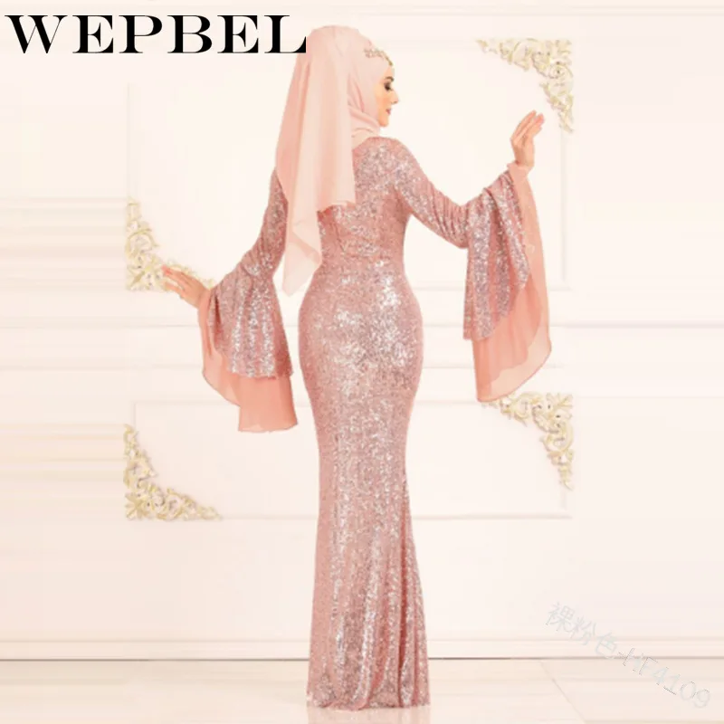 WEPBEL, мусульманское женское платье с блестками, элегантное, рыбий хвост, тонкий, полный рукав, летняя мода, повседневное, новое, исламское, абайя, женские платья
