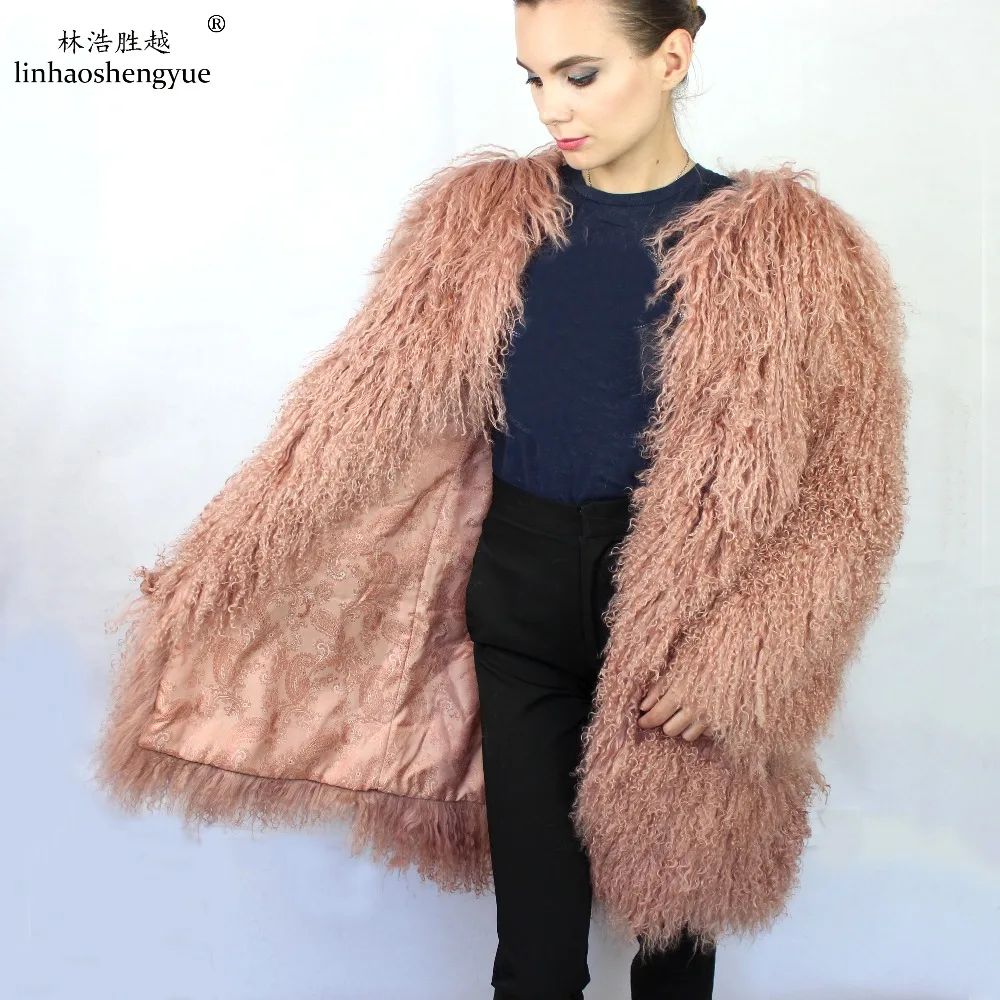 Linhaoshengyue Winter Warm Fashion 100% Natural Tan Sheep Fur Women Coat Freeshipping | Женская одежда