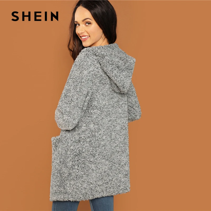 SHEIN Пушистое Пальто С Капюшоном И Карманом Женское Серое Повседневное Теплое Пальто