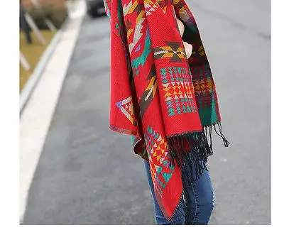 Женская накидка-пончо в клетку с богемным воротником шерстяная шаль-шарф |