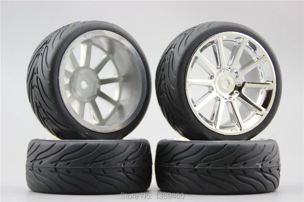 4pcs RC 1/10 Soft Rubber On Road Car Tire Tyre Wheel Rim W10S1C 0mm Offset(Chrome) 10486+Rubber | Игрушки и хобби