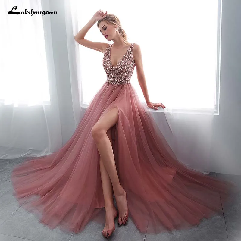 

Sexy V-neck Evening Gown Crystal Beading Split Tulle Prom Dress Floor Length Evening Dress Lace Up Backless vestido elegante