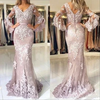 glamorous mermaid rose pink prom evening dresses 2021 sheer long sleeves applique lace satin sweep train formal celebrity gowns