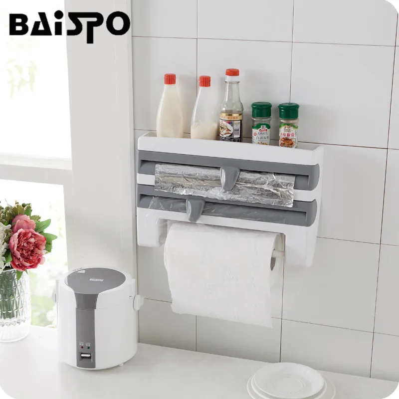 BAISPO многофункциональный настенный кухонный цепляющийся стеллаж для хранения соусных бутылок, держатель для бумажных полотенец с дизайнерским резаком