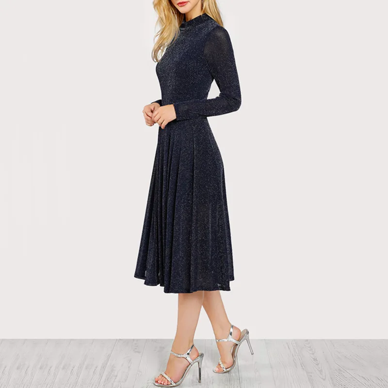 Elegant Long Sleeves Office Lady Women Dress 2019 Solid Back Hollow Out O-Neck Regular Summer Basic Dresses Navy Blue Vestidos | Женская