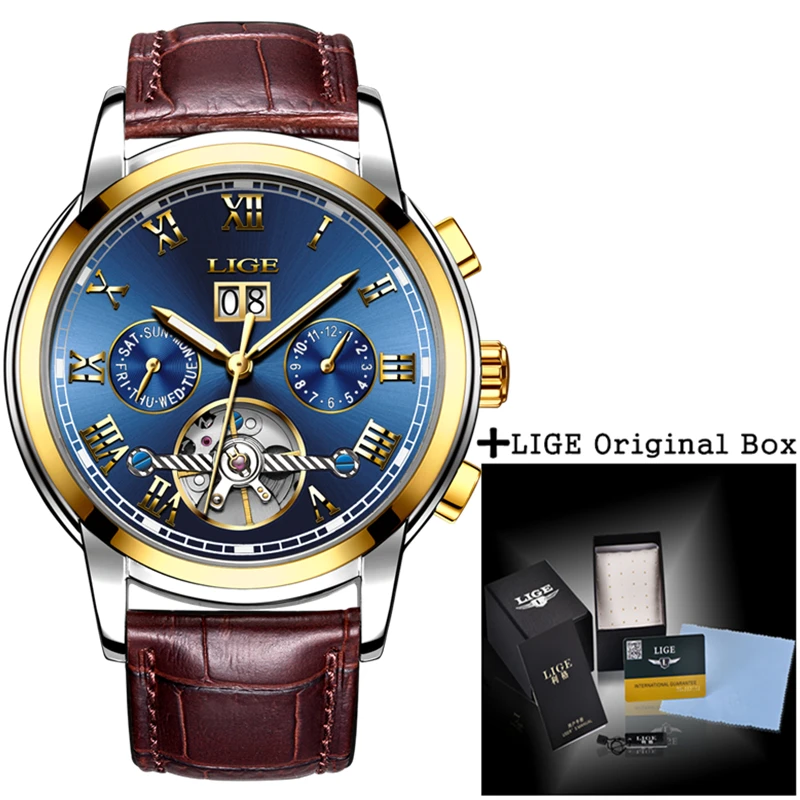 LIGE водонепроницаемые автоматические механические часы мужские кожаный ремешок