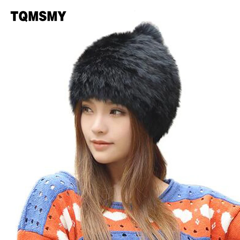Высококачественные модные зимние шапки для женщин с кроличьим мехом вязаная