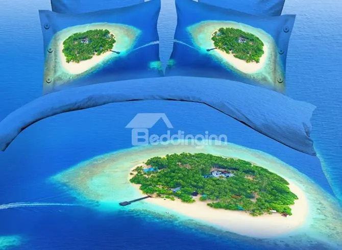 Зеленый остров и темно синий морской принт 3 предмета полиэстер 3D пододеяльник