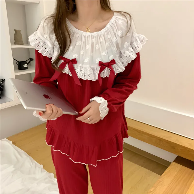 top pant Кружевная лента с вышивкой лук Свободный Топ эластичный пояс прямые брюки из двух частей пижамы корейский сон ночь Kawaii Лолита дом японский - Цвет: top pant