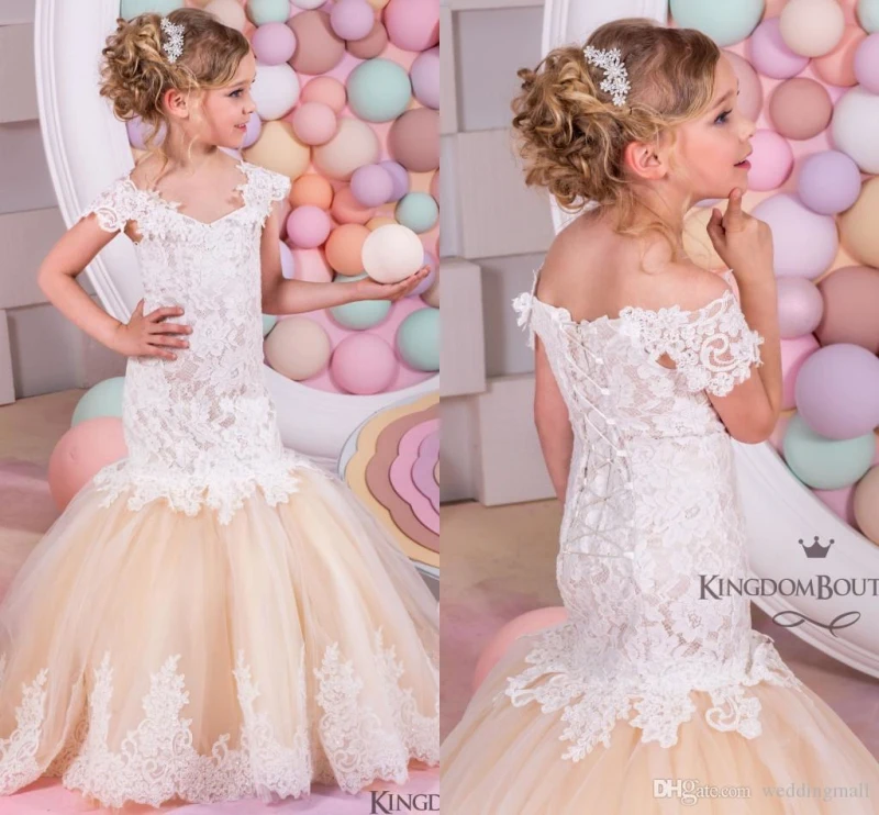 Русалка Кружева Арабский Цветок Девочки Платья для Свадеб Шампанское Тюль