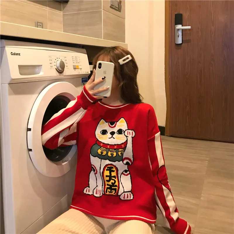 Women's Clothing Cute Kawaii Bf Red Lucky Cat Round Neck Sweater Lady Harajuku Ulzzang Sweaters For Women Thick Knitting Retro | Женская