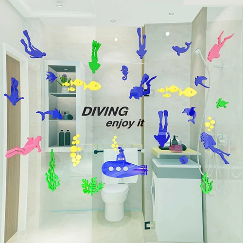 Diver Submarine 3D acrylic three-dimensional wall stickers Children's room bathroom Bedroom Cartoon ocean Wall decoration