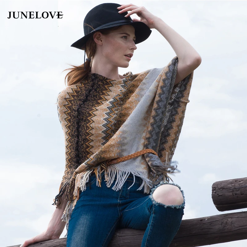 JuneLove 2020 women autumn winter new tribal ethnic knitted pullovers poncho sweater Vintage khaki gary jumper outwears | Женская одежда