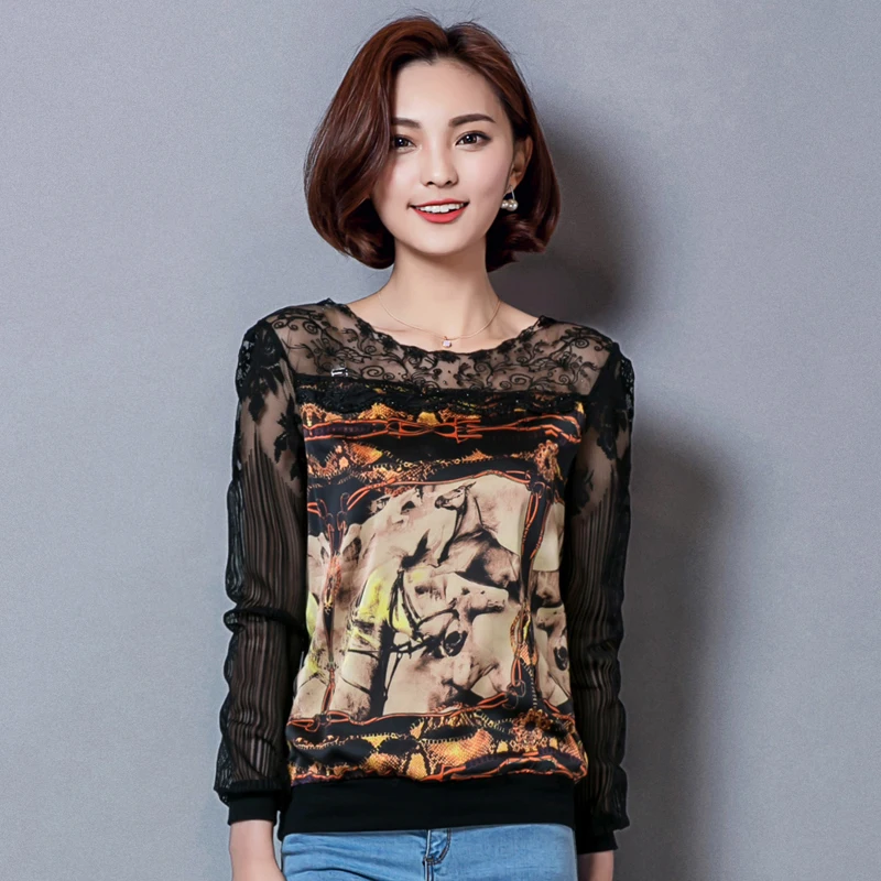 2016 Европа Стиль Животных Печати Кружева Рубашки женщин Шифон Шить Выдалбливают