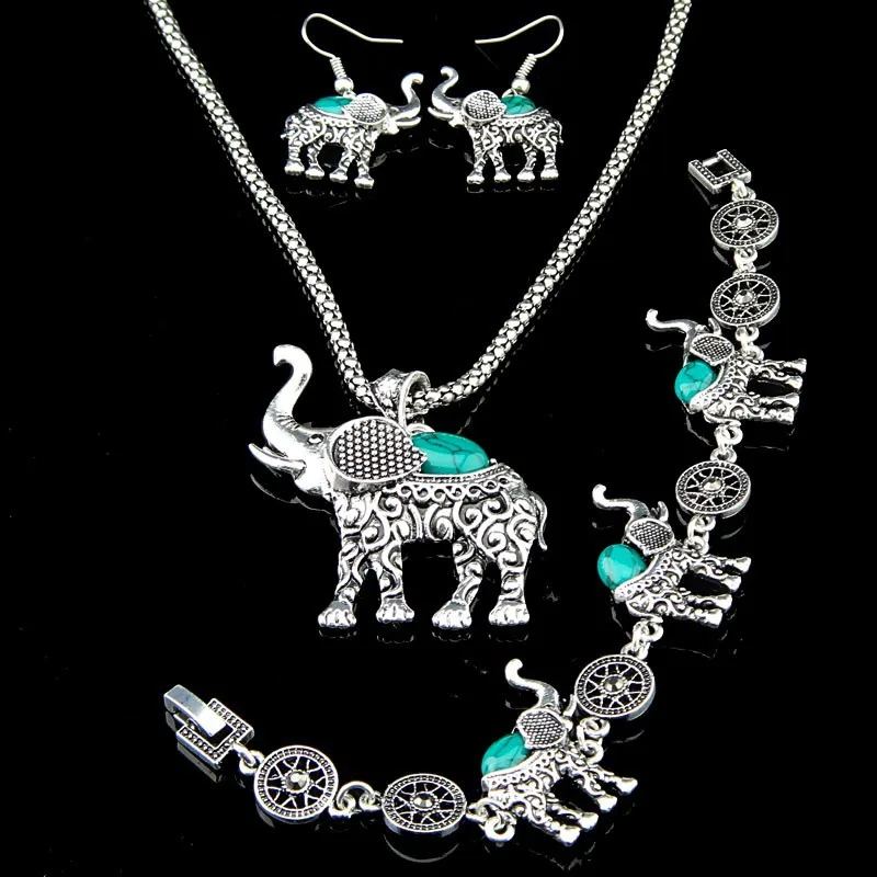 3 шт слон Зеленый Бирюзовый ожерелье браслет серьги женское животное античное