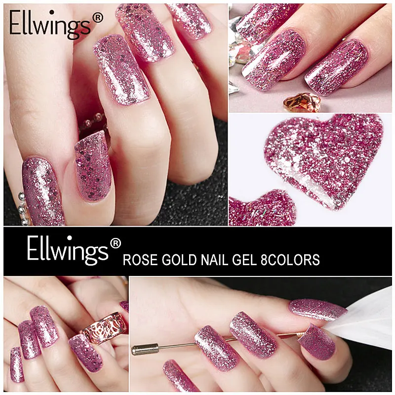 Ellwings Rose Gold Gel Nail Polish Glitter Color Varnish 8 Colors Soak Off UV Shiny Art Design Manicure Tool | Красота и здоровье