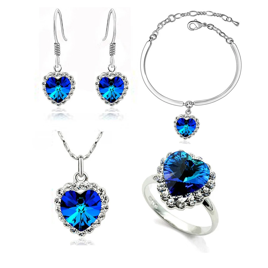 

the newest fashion Necklace Earrings darkblue Austrian Crystal rhinestones the heart of ocean Pendant women Jewelry sets
