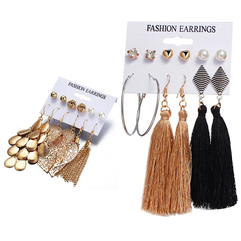 6Pairs/lot Charm Imitation Pearl Heart Big Circle Tassel Leaf Stud Earring Set Elegant Kolczyki Bisuteria For Women | Украшения и