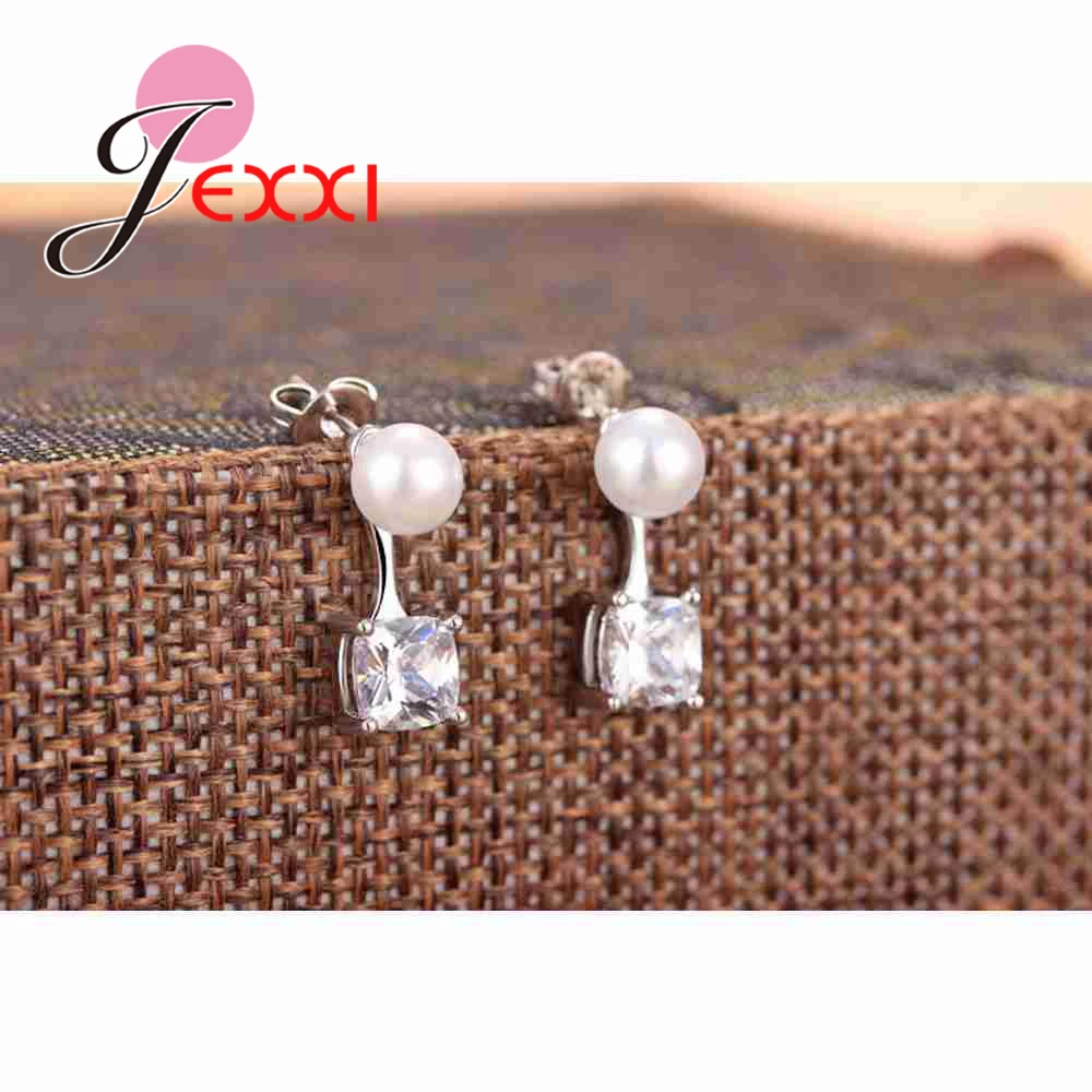 

Summer Collections Trendy 925 Sterling Silver Double Use Stud Earrings Pearls With Shiny Cube Crystals For Women Wedding