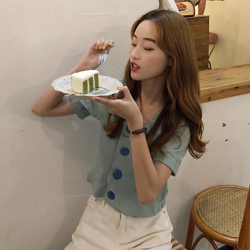 button v-neck solid color short sleeve casual crop tops summer new fashion brand Korean style t-shirts Women Clothing modis tees | Женская