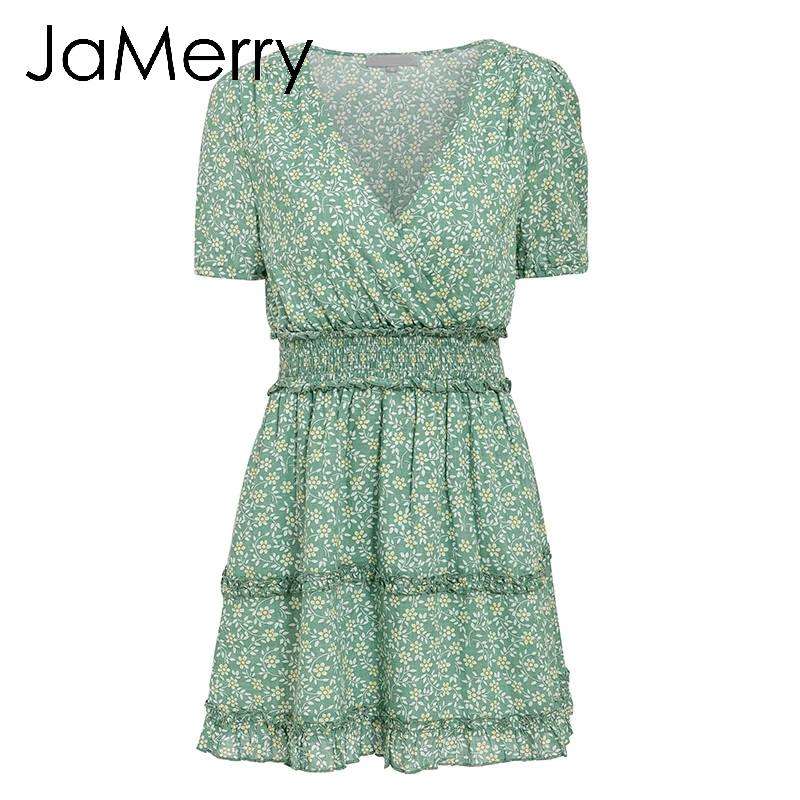 JaMerry Boho пляжное Хлопковое платье с цветочным принтом летнее зеленое рюшами и