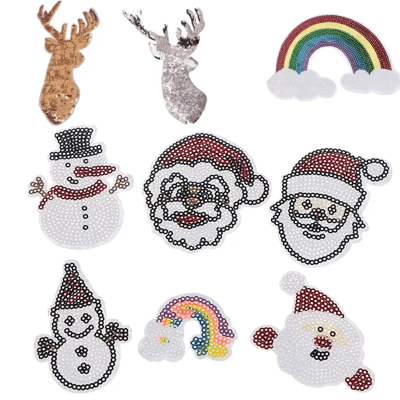 Вышивка железные нашивки Олень Рождество Санта Снеговик радуга блесток