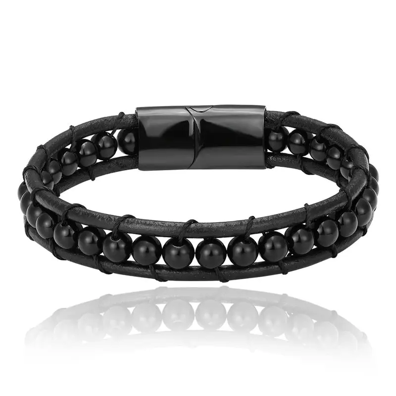 Мужской кожаный браслет ручной работы плетеный из воловьей кожи с натуральными