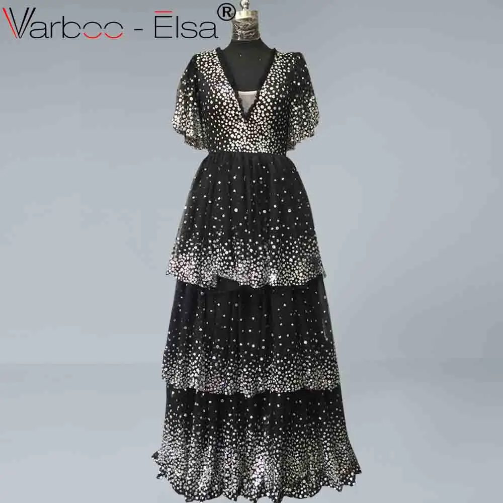 Черный VARBOO_ELSA черные сверкающие мусульманские Вечерние платья трапециевидной формы с короткими рукавами, ислам Дубаи, Саудовской Аравии, Длинное Элегантное Вечернее Платье - Цвет: Черный