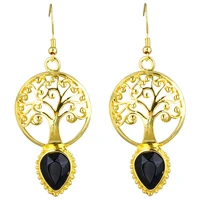tumbeelluwa teardrop black onyx tree of life dangle drop hook earrings for women