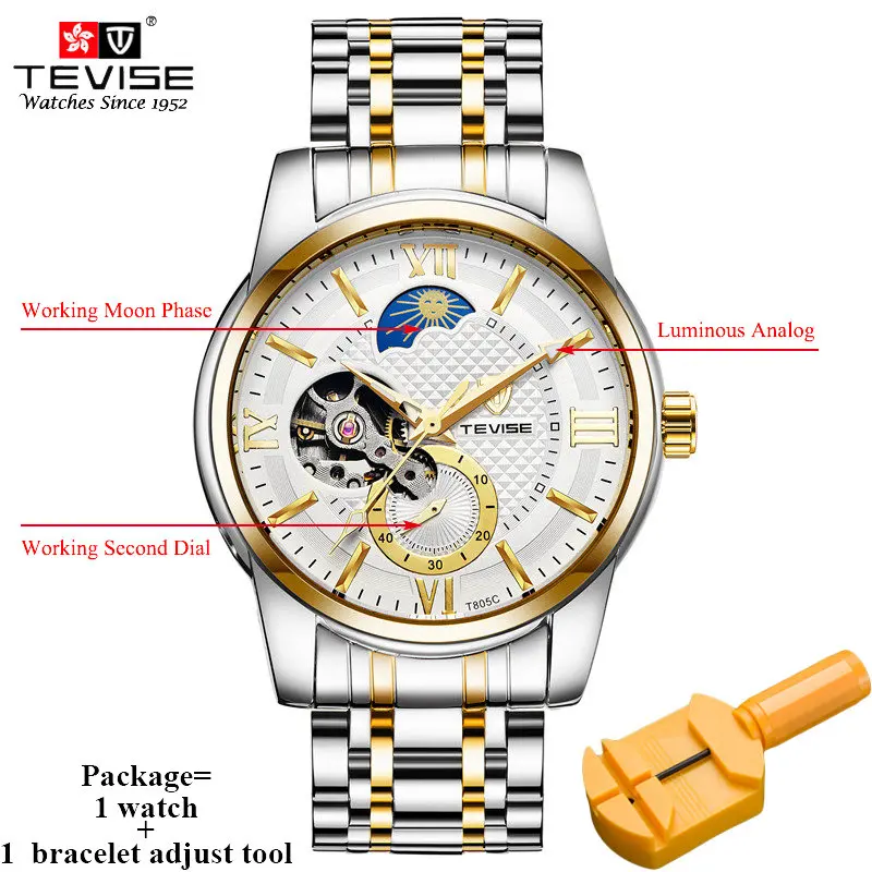 gold white TEVISE самовзводные автоматические часы для мужчин механические мужские часы с фазой Луны светящиеся руки деловые наручные часы Relogio Masculino - Цвет: gold white
